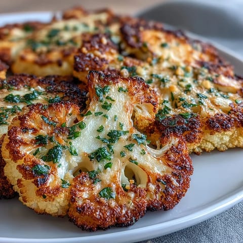Thick golden Keto Garlic Parmesan Roasted Cauliflower Steaks sizzle on a baking sheet.