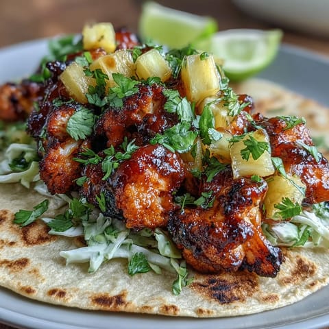 2. Vegan BBQ cauliflower tucked into warm tortillas with tangy pineapple salsa and creamy avocado slices.  