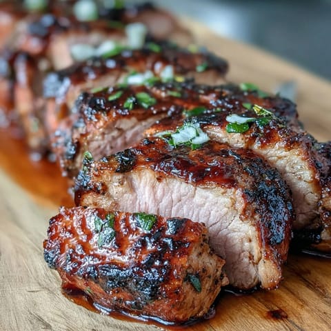 Spicy jerk-seasoned pork tenderloin, seared and roasted to perfection, with a caramelized crust and tender center.  