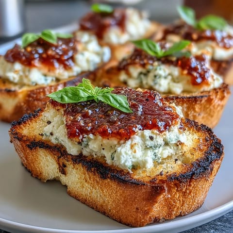 Crispy baguette slices topped with creamy goat cheese and a vibrant, sweet-spicy chili jam for a bold appetizer.  