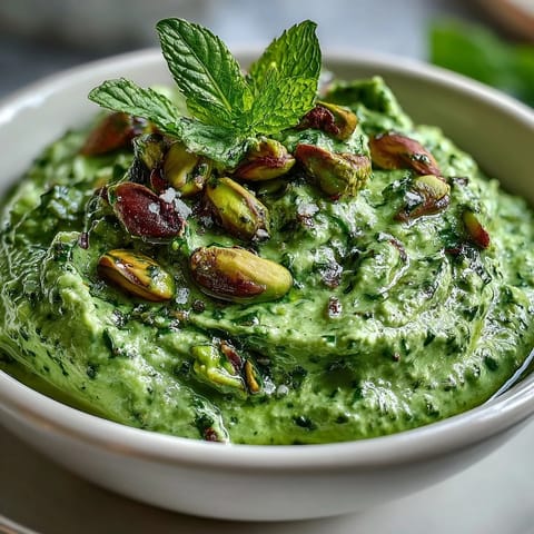 Creamy homemade pistachio pesto drizzled over grilled vegetables, bursting with nutty flavor and fresh herbs.  