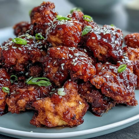 Crispy air fryer Korean fried chicken glazed with spicy-sweet gochujang sauce, garnished with sesame seeds and green onions.  