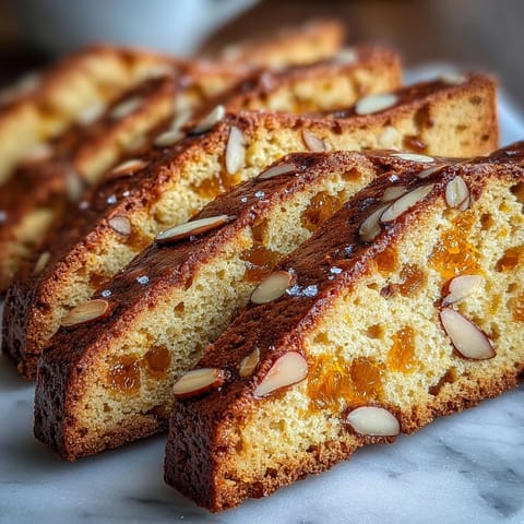 Golden-brown Italian biscotti infused with orange zest and dotted with chewy candied orange pieces, ideal for holiday gifting.  
