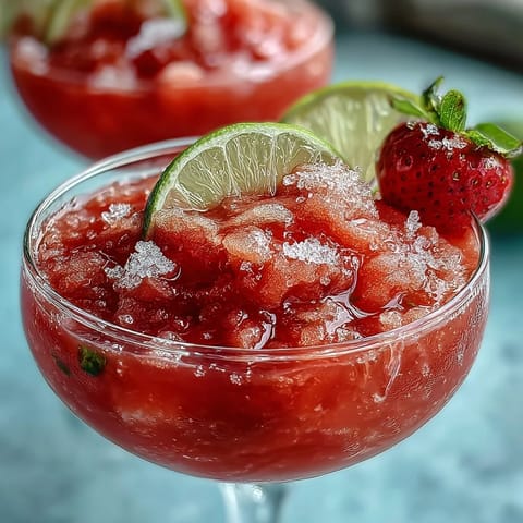 Light strawberry daiquiri slushies served in chilled glasses, garnished with fresh strawberry slices and lime wedges for a refreshing summer cocktail.