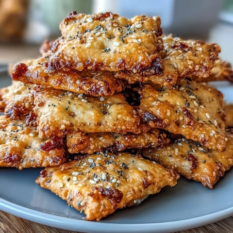 Tangy sourdough crackers baked golden and topped with savory everything seasoning blend.  