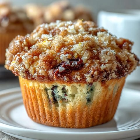 Lemon blueberry sourdough crumb muffins with golden streusel topping and juicy berries bursting from tender, tangy crumb.