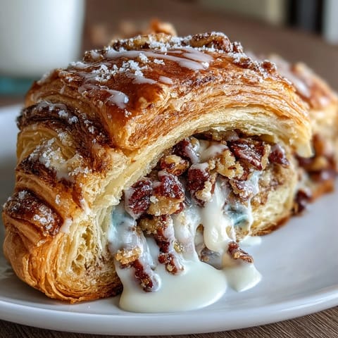 King Cake Stuffed Croissants filled with rich pecan cream and drizzled with colorful Mardi Gras icing.