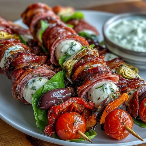Picnic-Ready Italian Sub Skewers with Homemade Aioli arranged on a platter, featuring colorful layers of salami, ham, cheese, and veggies, served with creamy dipping sauce.