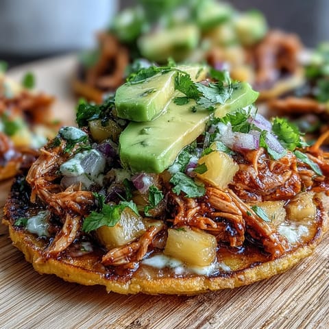 Crispy tostadas piled high with zesty pineapple salsa, juicy shredded chicken, and creamy avocado slices.