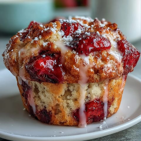 Fresh strawberry muffins with lemon glaze, baked golden and topped with a sweet-tart citrus drizzle for a bright breakfast treat.  