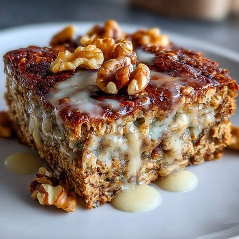 Wholesome high-protein banana bread baked oats with ripe bananas, creamy yogurt, and crunchy walnuts, perfect for a hearty breakfast.