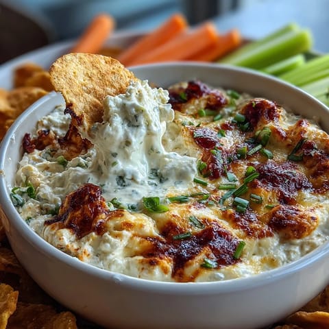 Creamy cottage cheese buffalo chicken dip baked with shredded chicken and spicy sauce, topped with melty mozzarella and cheddar cheese.  
