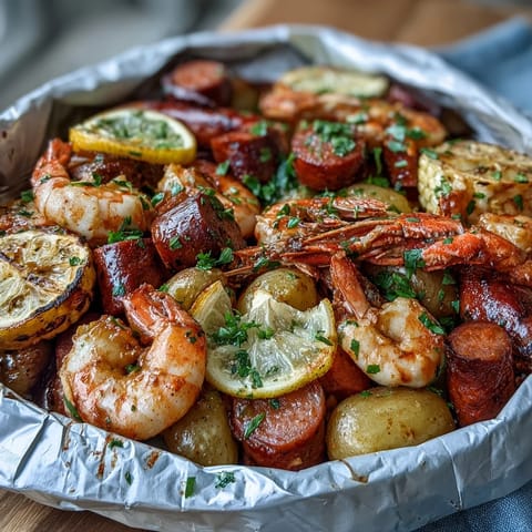 Grilled crawfish boil foil packets bursting with spicy seafood, tender potatoes, sweet corn, and smoky sausage.  