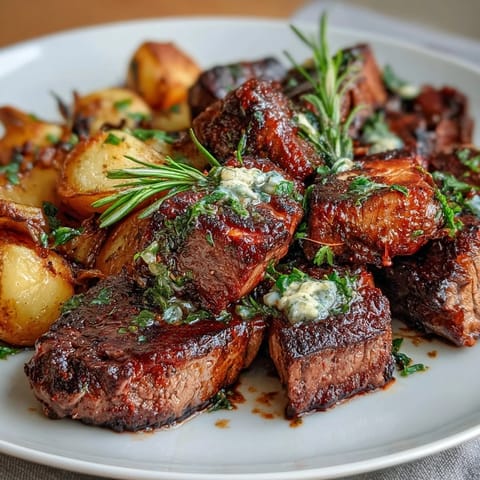 Crispy seared steak bites and tender potatoes tossed in rich garlic butter, garnished with parsley and lemon zest—perfect for a quick weeknight dinner.  