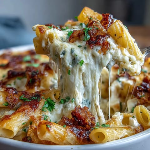 One-Pot Cheesy Pasta Bake with bubbling golden cheese and tender pasta in a rich tomato sauce.