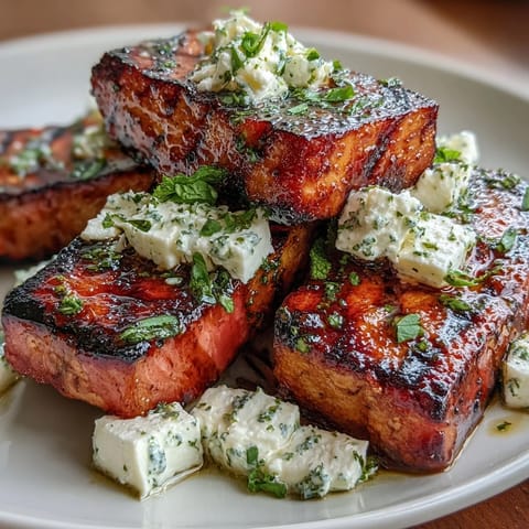 Grilled watermelon salad with feta and mint, sweet charred fruit with creamy cheese and fresh herbs.  