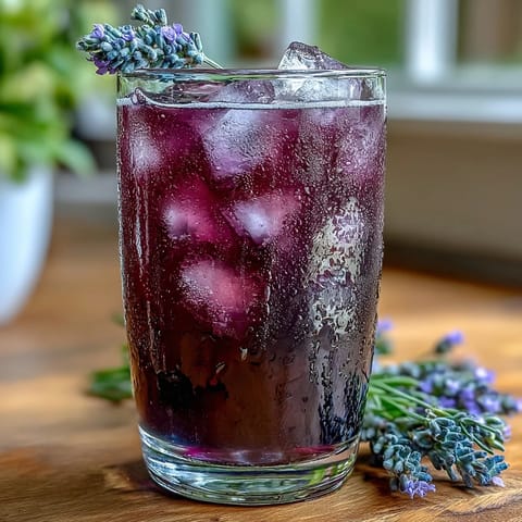 A vibrant purple lavender lemonade refresher with fresh lemon slices and lavender sprigs, perfect for summer sipping.