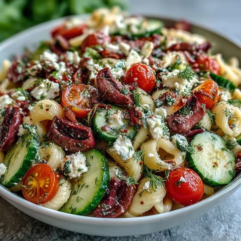 Fresh and colorful Greek-style pasta salad with juicy tomatoes, crisp cucumbers, briny olives, and creamy feta.