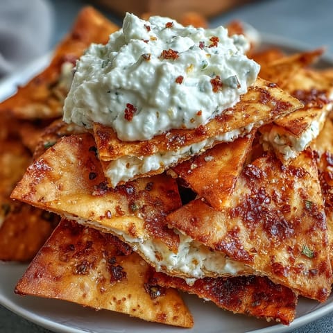 Golden-baked pita triangles paired with cool, refreshing tzatziki — ideal for summer gatherings.
