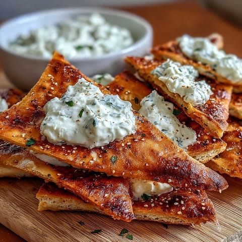 Crispy homemade pita chips with creamy tzatziki dip, perfect for a light Mediterranean snack.