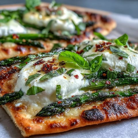 Italian-inspired flatbread showcasing golden roasted asparagus, melting burrata, and fresh basil.