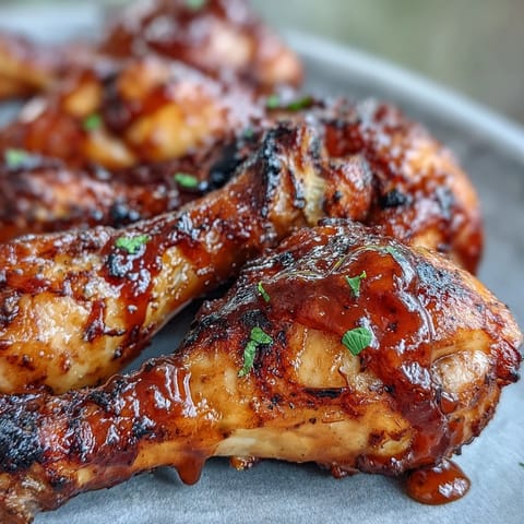 Tender BBQ Chicken Drumsticks glistening with a vibrant, fruity spicy peach glaze.