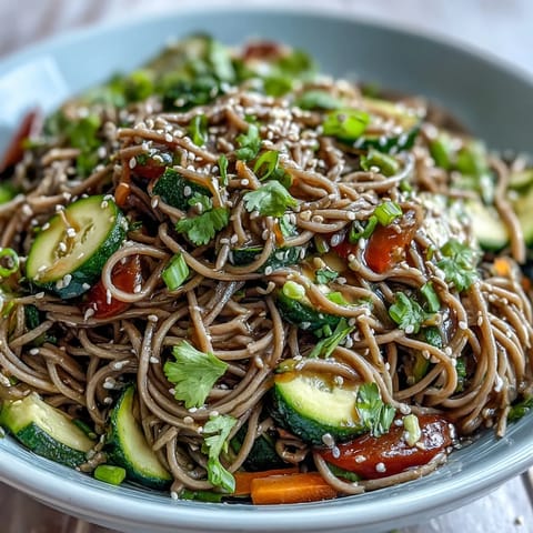 Cold soba noodle salad showcasing fresh ingredients, ready for a delightful summer meal.
