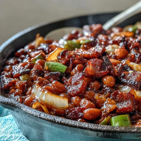 Hearty Juneteenth BBQ Baked Beans with smoky bacon and sweet molasses.