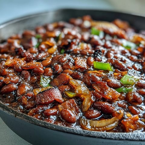 Smoky, sweet Juneteenth BBQ Baked Beans bubbling with rich molasses flavor.
