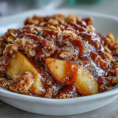 Warm Father's Day Whiskey Caramel Apple Crisp with bubbly apples and golden crumble.