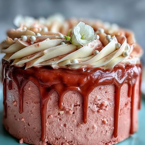 Elegant Bridal Shower Rosé Velvet Cake with shimmering gold drip.