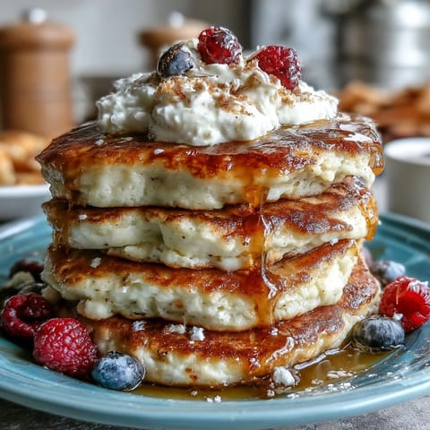 Fluffy Icelandic Skyr Pancakes golden brown, stacked high with fresh berries.