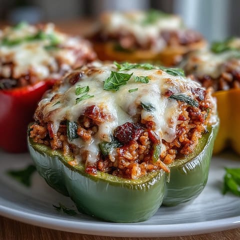 Colorful Spanish-style stuffed peppers, baked with savory filling and melted cheese topping.