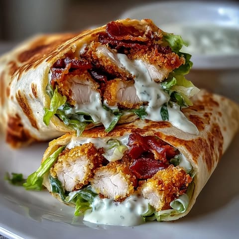 Golden brown crispy chicken Caesar wraps stuffed with fresh romaine and creamy dressing.