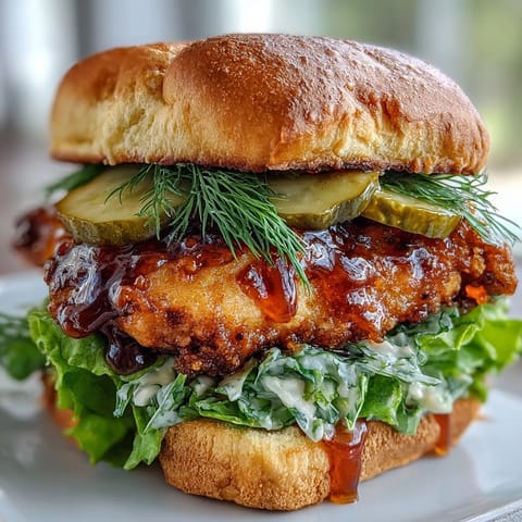 Golden fried chicken thigh glistening with spicy hot honey on a brioche bun.