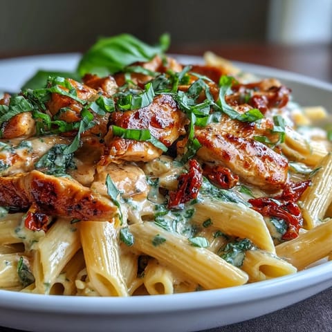 Velvety Creamy Tomato Basil Chicken Pasta dish with tender chicken and fresh basil.