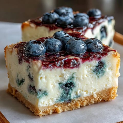 Creamy No-Bake Lemon Blueberry Cheesecake Bars with vibrant berry swirls.