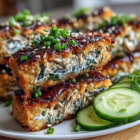 Golden crispy rice toasts topped with savory sardines and fresh cucumber.