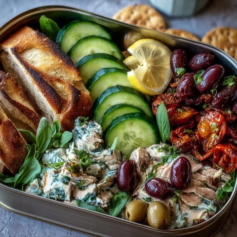 Vibrant Lemon Herb Tinned Fish board with olives, citrusy dressing, and rustic bread.