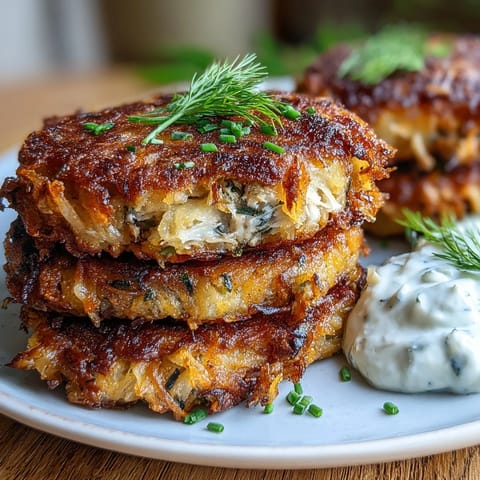 Golden Crispy Mackerel Potato Cakes with Dill Yogurt, perfectly fried and served.