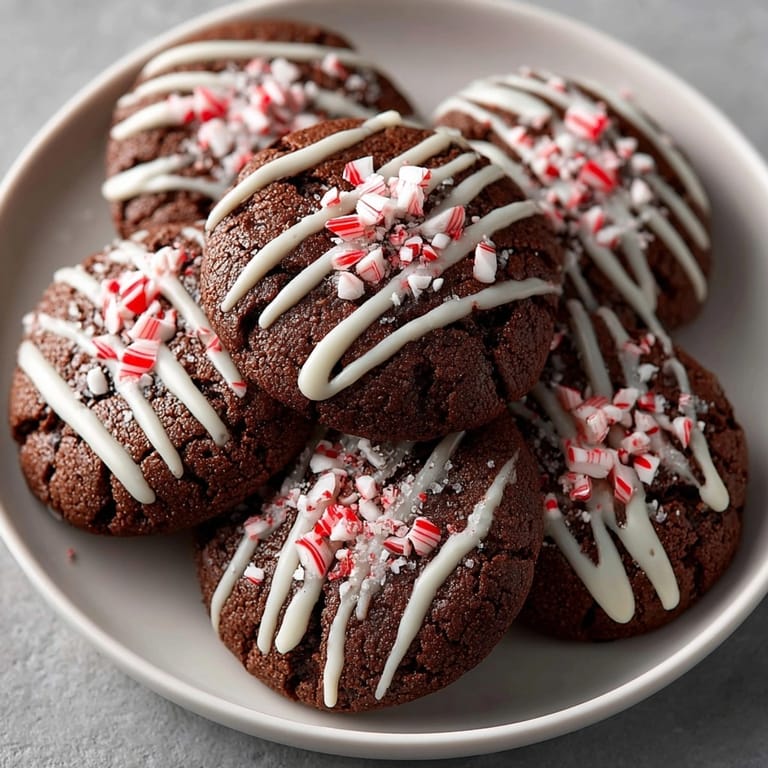 Festive chocolate peppermint bark cookies served with cracked candy cane and creamy white chocolate finish.