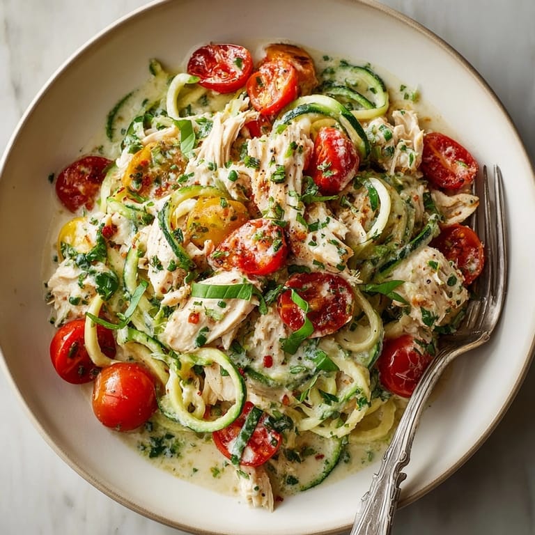 Creamy One-Pot Zucchini Noodle Alfredo served hot in a skillet, noodles glistening with sauce.