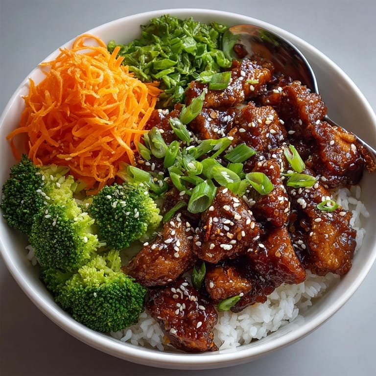 Close-up of teriyaki chicken rice bowl, garnished with sesame seeds and fresh spring onions.