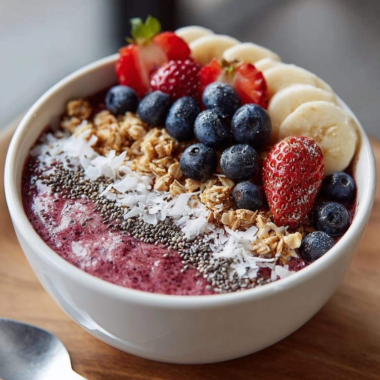 Thick and colorful Protein-Packed Berry Smoothie Bowl, garnished with crunchy granola and coconut flakes.