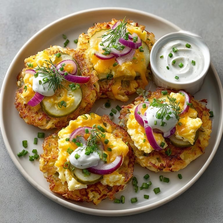 Close-up shot of deliciously layered Pickle-Fix Hash-Brown Egg Sliders, a tasty breakfast treat.