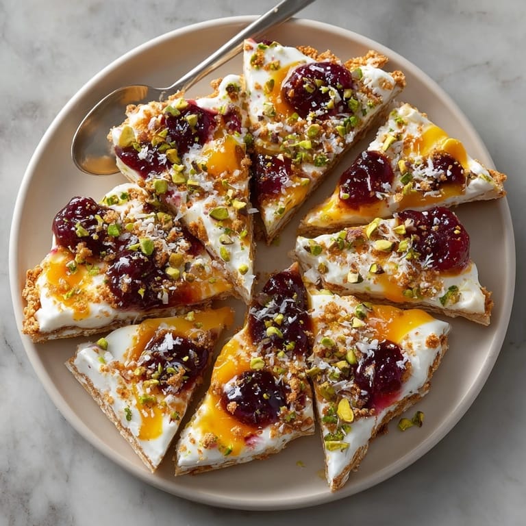 Vibrant, layered Cherry-Coded Sunrise Yogurt Bark includes cherries, a sunny fruit swirl, and crunchy cocoa crisps.