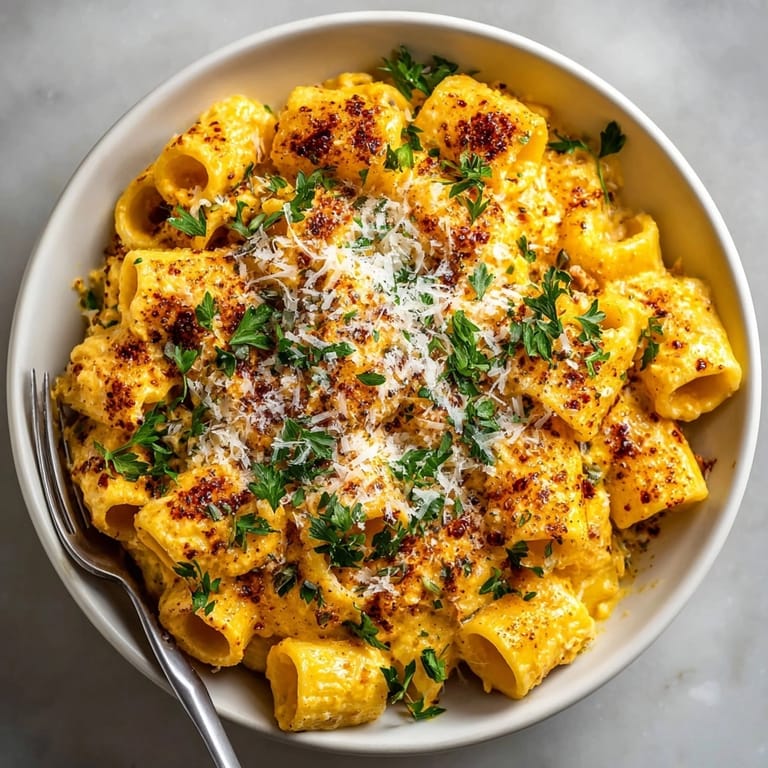 A close-up of Spiced Pumpkin Cream Cheese Pasta, showing tender penne coated in a rich, spiced sauce.