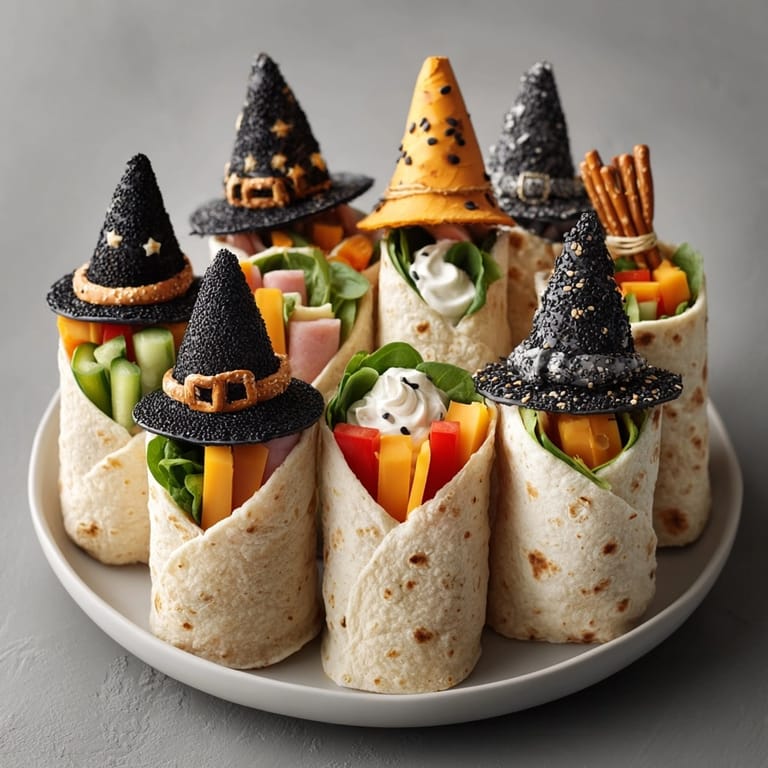 Vibrant shot of creatively assembled Halloween Witch Hat Tortilla Wraps; a festive, savory treat for everyone.