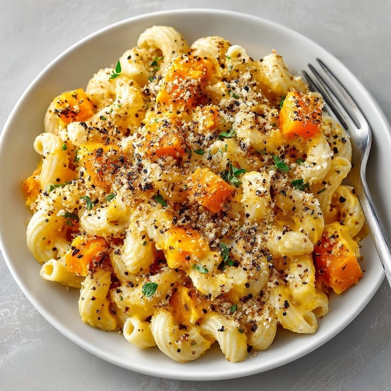 A photo showing creamy roasted garlic pumpkin mac & cheese, prepared bubbly and fresh from the oven.