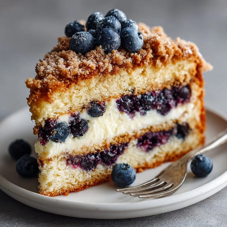 A close-up of a homemade blueberry streusel coffee cake, sweet with hints of cinnamon for breakfast.